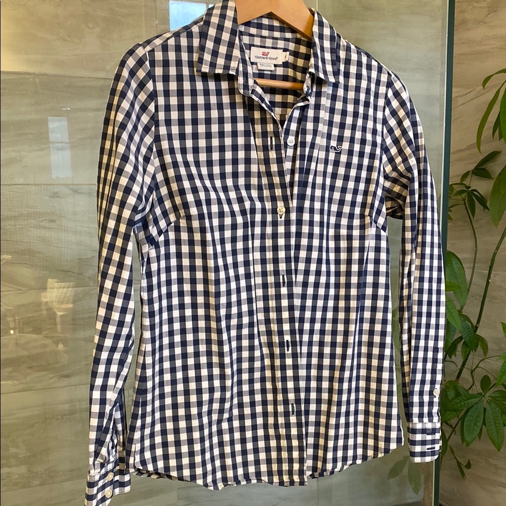 Navy and White Checkered Button-Up Shirt
